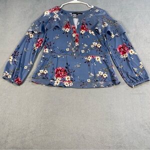 White House Black Market Petite Women’s Blue Floral Long sleeve ruffle Top, XSP